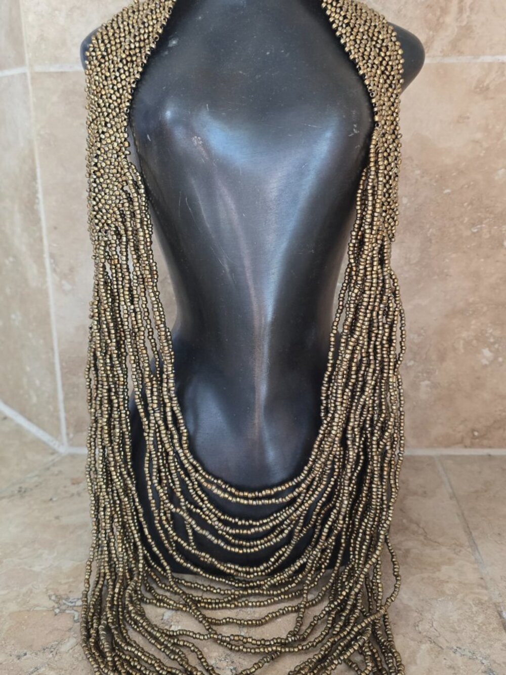 Long Indonesian Boho Artisan Multi-Strand Metallic Statement Bib Necklace